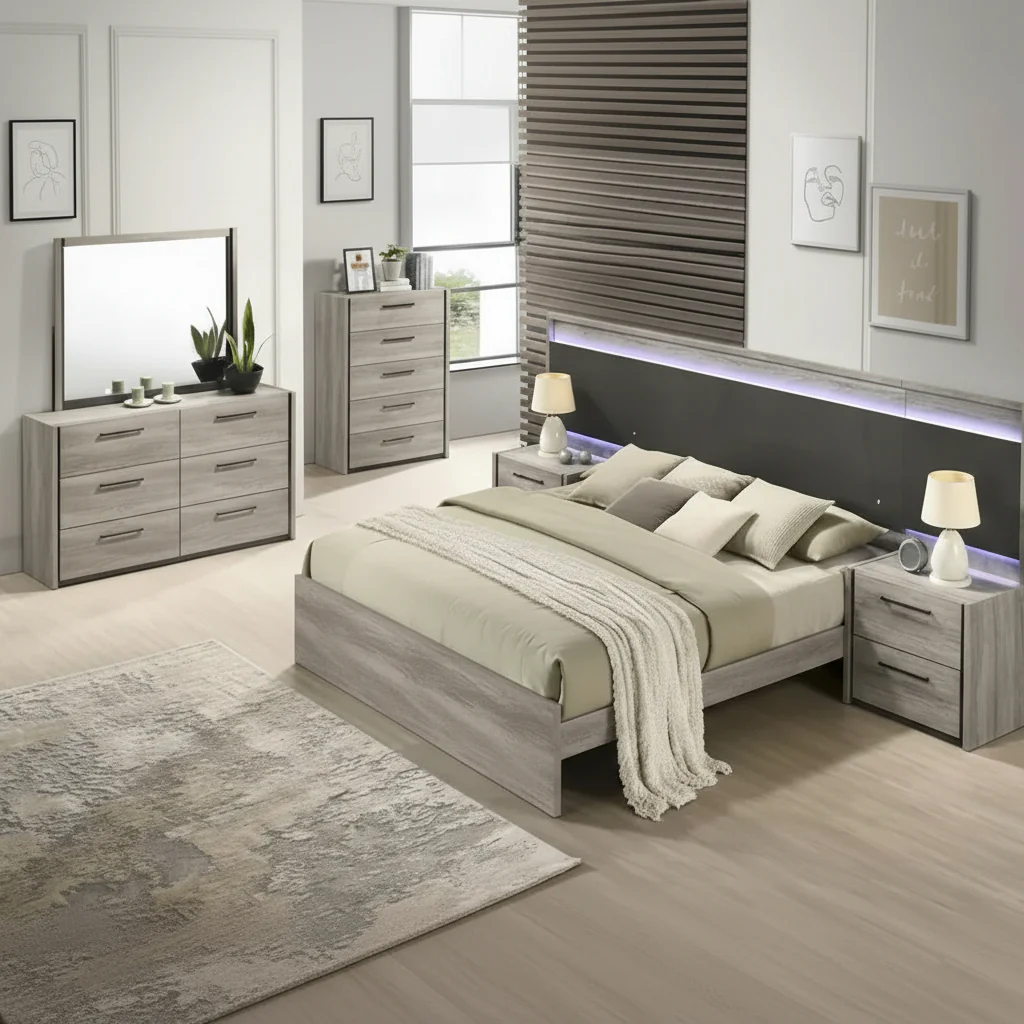 LED Wallbed Bedroom Set with Nightstands, Dresser, Mirror and Chest - Weathered Gray