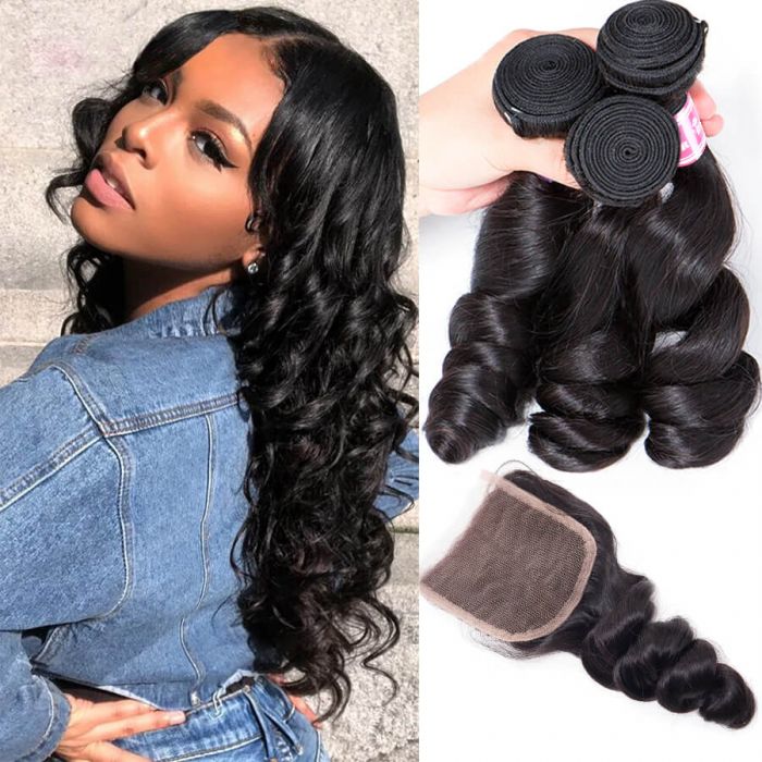 Loose Wave Human Hair 3 Bundles With 4*4 Lace Closure Free Part 10A Unprocessed Virgin Hair
