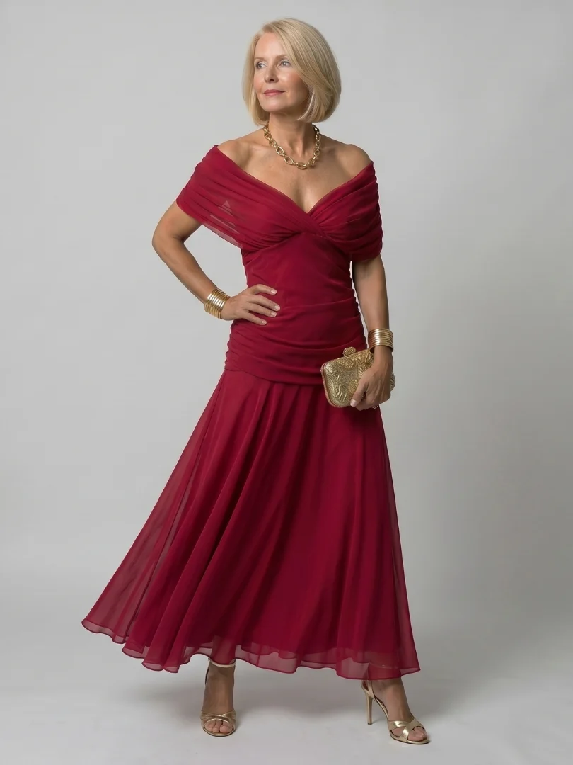 Women��s Off Shoulder Midi Dress Draped Neckline Design