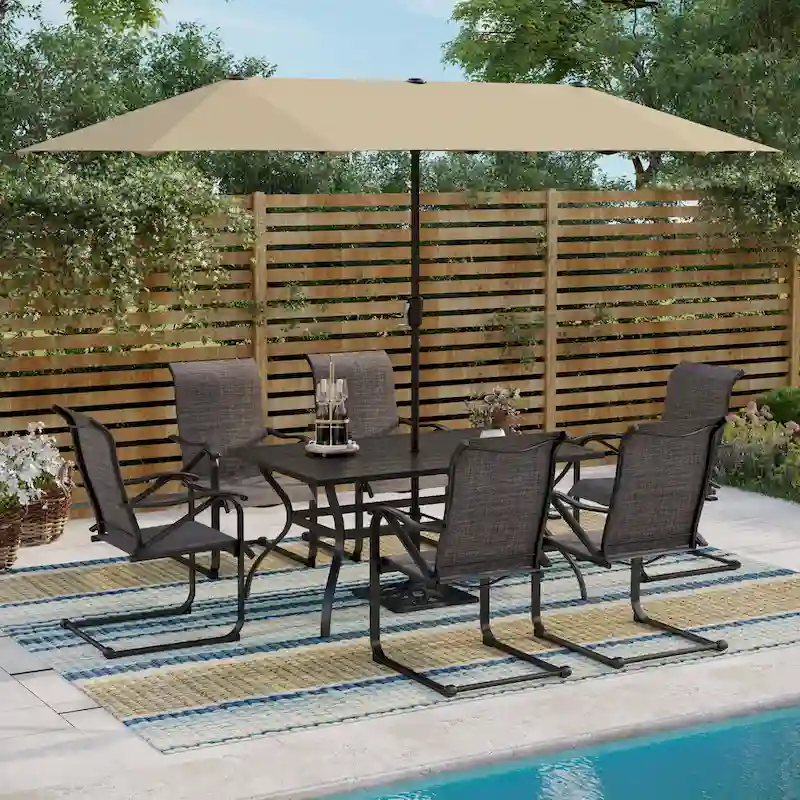 7/8-Piece Patio Dining Set including 60x38 Slatted Metal Table with 1.56 Umbrella Hole and 6 Spring Motion Chairs