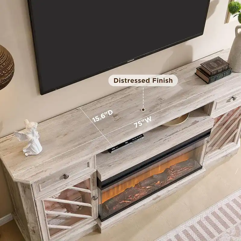 Farmhouse TV Stand with 3-Sided Fireplace, Entertainment Center