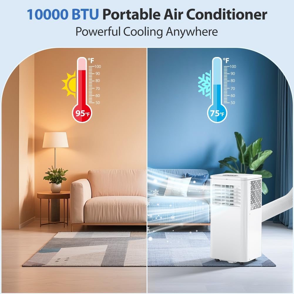 10000 BTU Tragbare Klimaanlage Kühlt 450 Sq.Ft, LifePlus Tragbare AC-Einheit mit 4 Modi, Fernbedienung, Fenster-Installationsset, 24H Timer, Leise Energieeffizient für Zimmer, Büros, Wohnungen