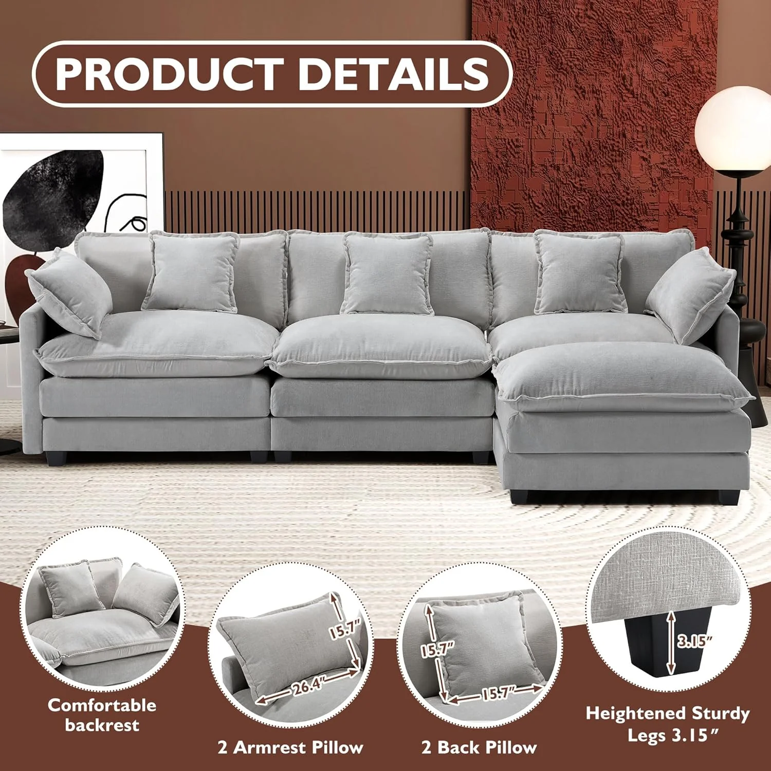 111.4 Inch L-Shaped Modern Sofa Modular Cloud Sofa Ottoman 4-Seater Chenille Deep Seat Sofa