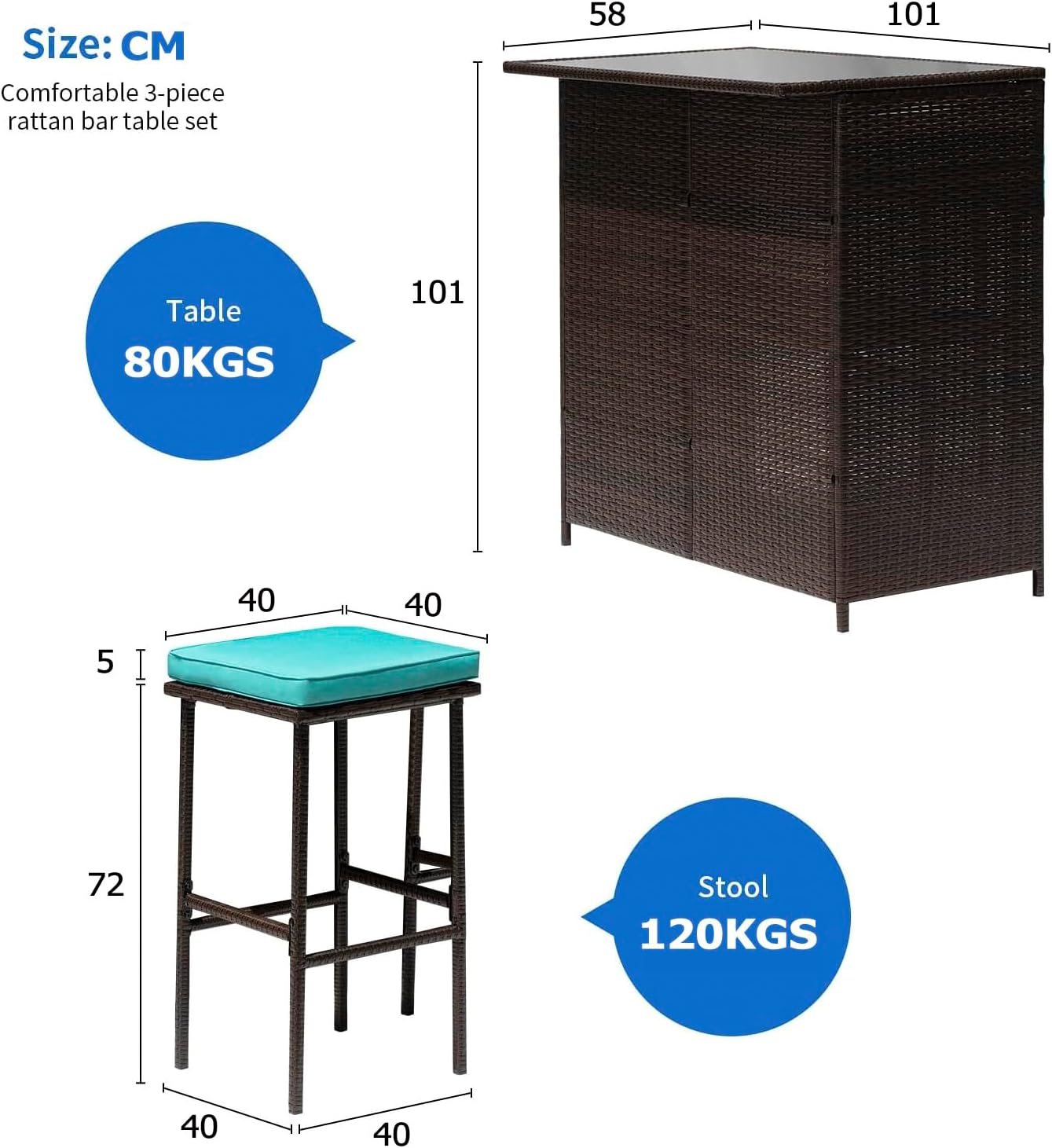 Polyrattan Gartenbar Set Gartenmöbel Sitzgruppe Rattan Bar Tresen Theke Tisch Barset Bartisch Stehtisch Gartentheke Barhocker Bar-Stuhl Sitzgruppe (Braun&Khaki)