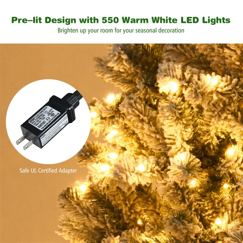 Premium Pre-Lit Snow Flocked Artificial Christmas Tree with Hinged Branch Tips & LED Lights