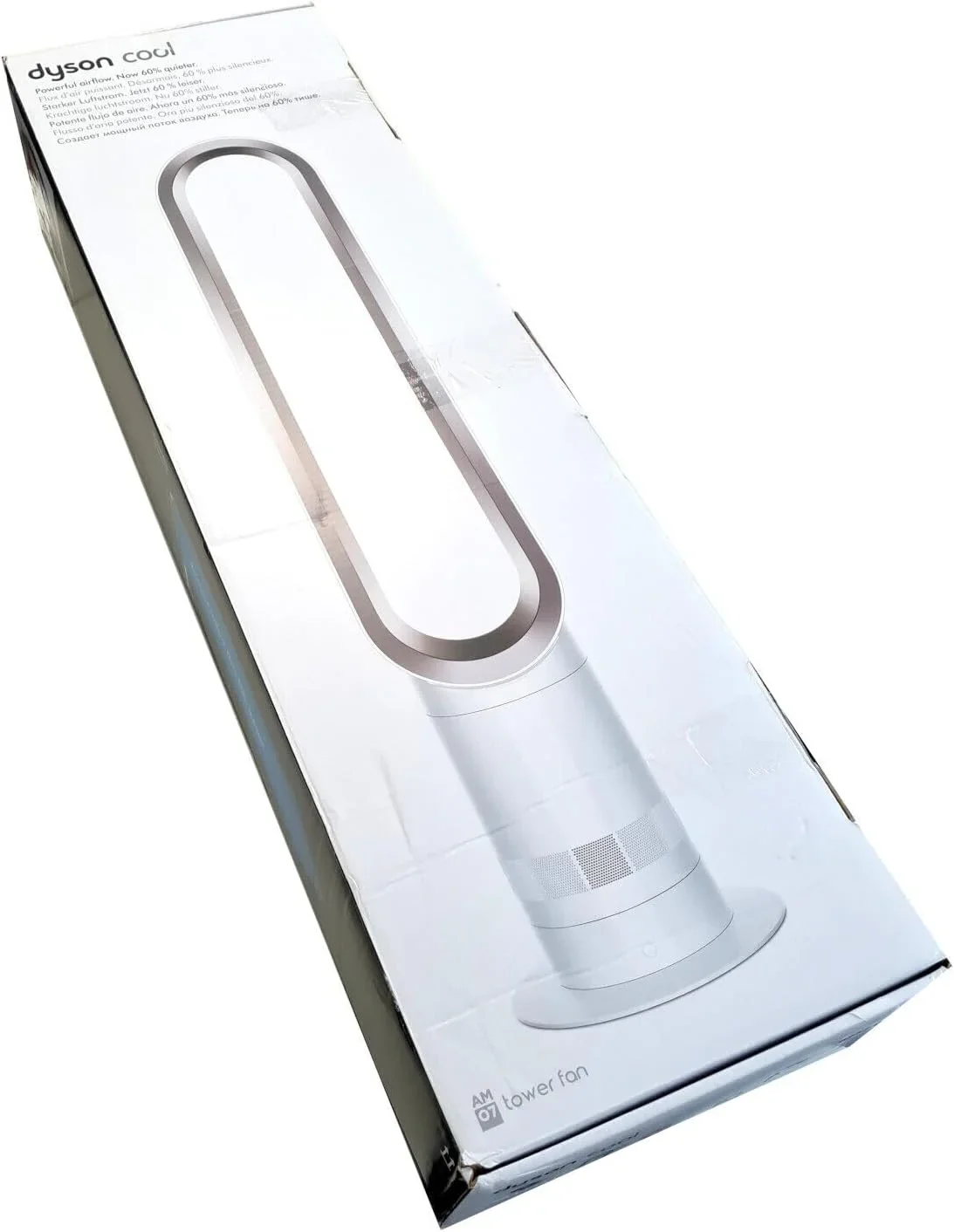 Dyson Cool AM07 Ventilátor távirányítóval 100cm, 9 órás időzítő, halk toronyventilátor fehér/ezüst, ENERGIATAKARÉKOS, állóventilátor hálószobába, hangerő 48db, 10 fokozat