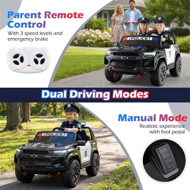 24V 4WD 2-Seater Ride on Police Car, Licensed Chevrolet Kids Electric Vehicle with Remote Control, Megaphone, Siren, Flashing LED Lights & Storage