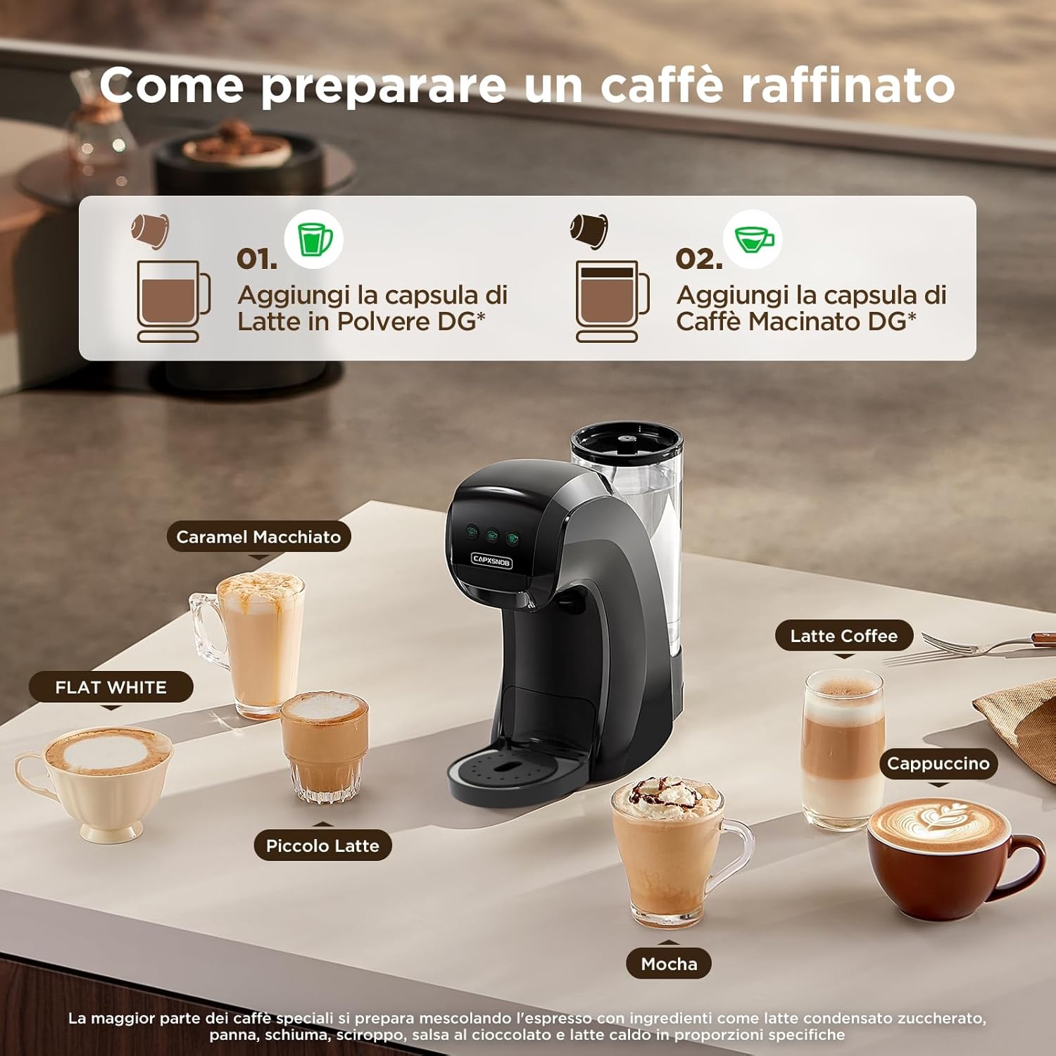 Warriors1 Macchina da Caffè a Capsule 5 in 1 per Nespresso, Lavazza A Modo Mio, Espresso Point, Dolce Gusto e Caffè Macinato, 20 bars, 0,8 L, Calore e Quantità Regolabili, Compatta per Casa e Ufficio