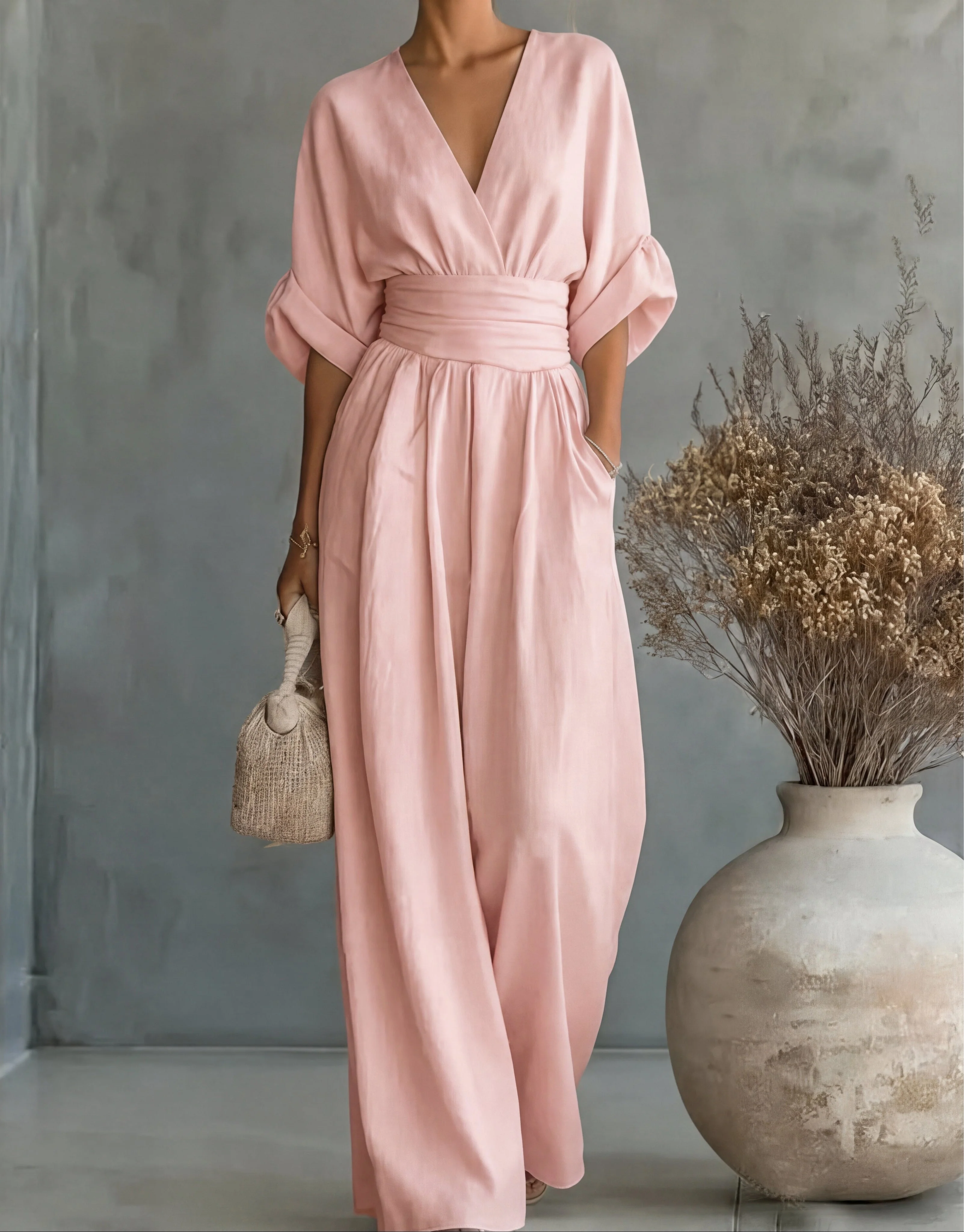 Women��s Elegant Wide-Leg Jumpsuit Wrap-Style Design