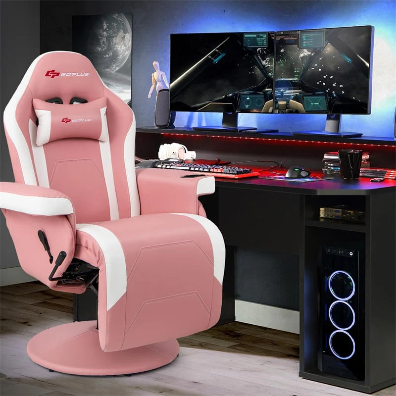 Ergonomic Gaming Recliner Chair with Massage, Retractable Footrest & Cup Holder, Height Adjustable Racing Style Swivel Video Game Chair