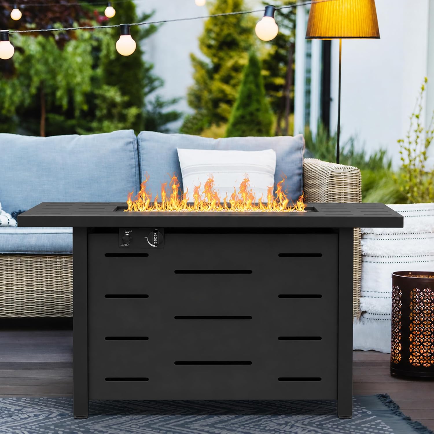 43 Inch Propane Fire Pit Table for Patio & Backyard, 50,000 BTU Steel Gas Fire Pit with Lid & Lava Rocks, Outdoor Table Heater for Deck, Garden, Smokeless Flame