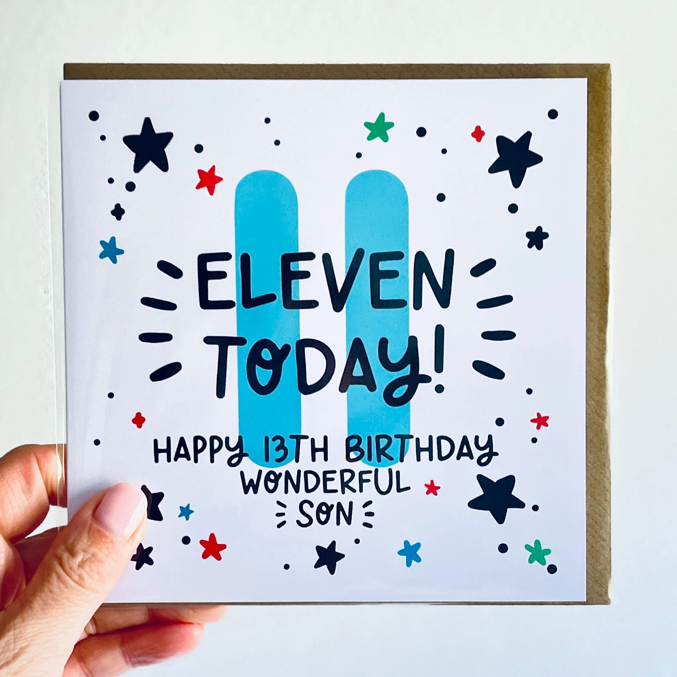 Son 11th Birthday Card: Number 11, 11 Today with Kraft Envelope