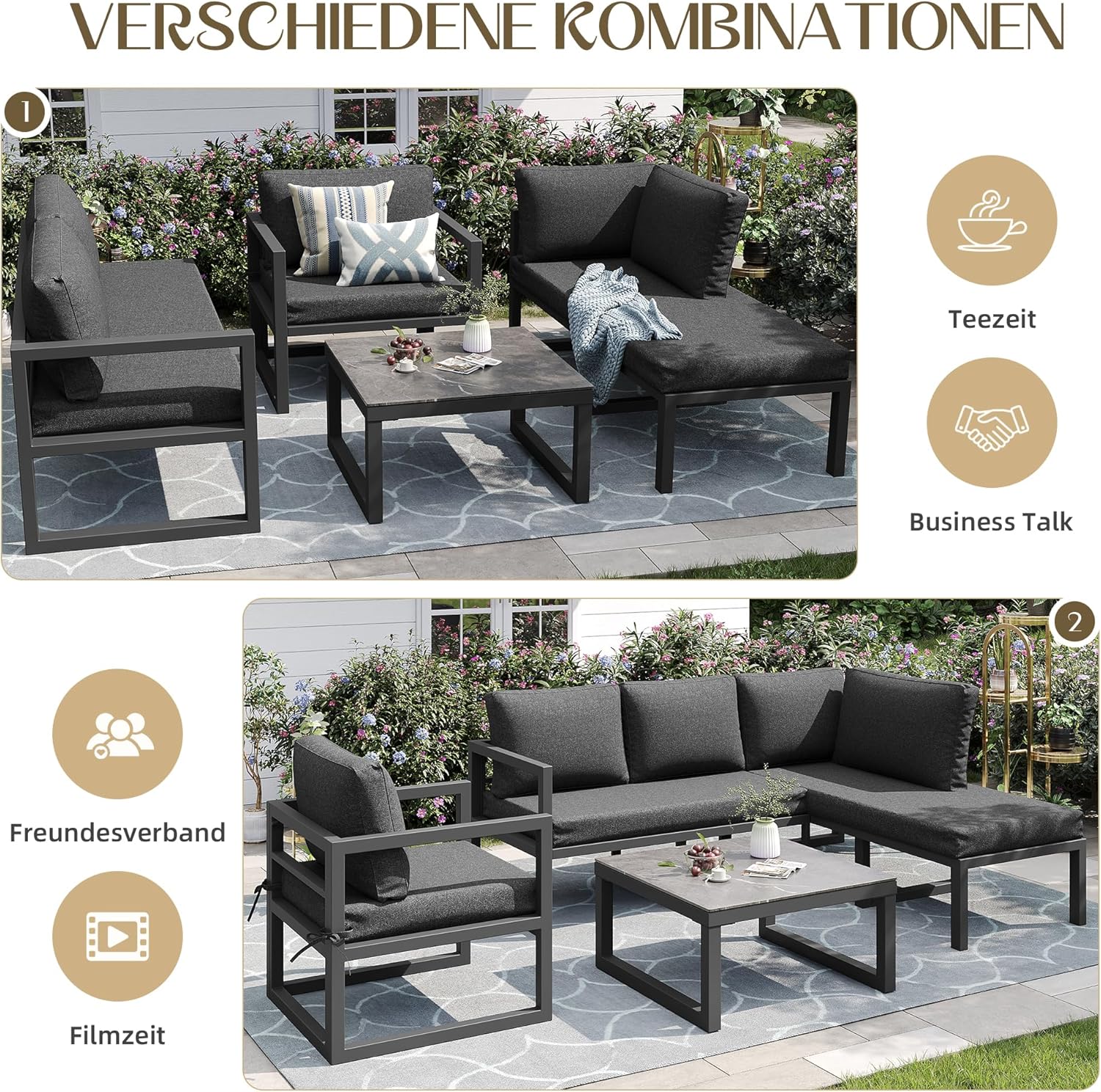 Kayan Gartenlounge Set für 4-5 Personen, Lounge Gartenmöbel Set mit Ecksofa, Sessel und Couchtisch, Balkonmöbel Wetterfest mit verzinktem Eisengestell und Kissen, verstellbare Füße, Grau