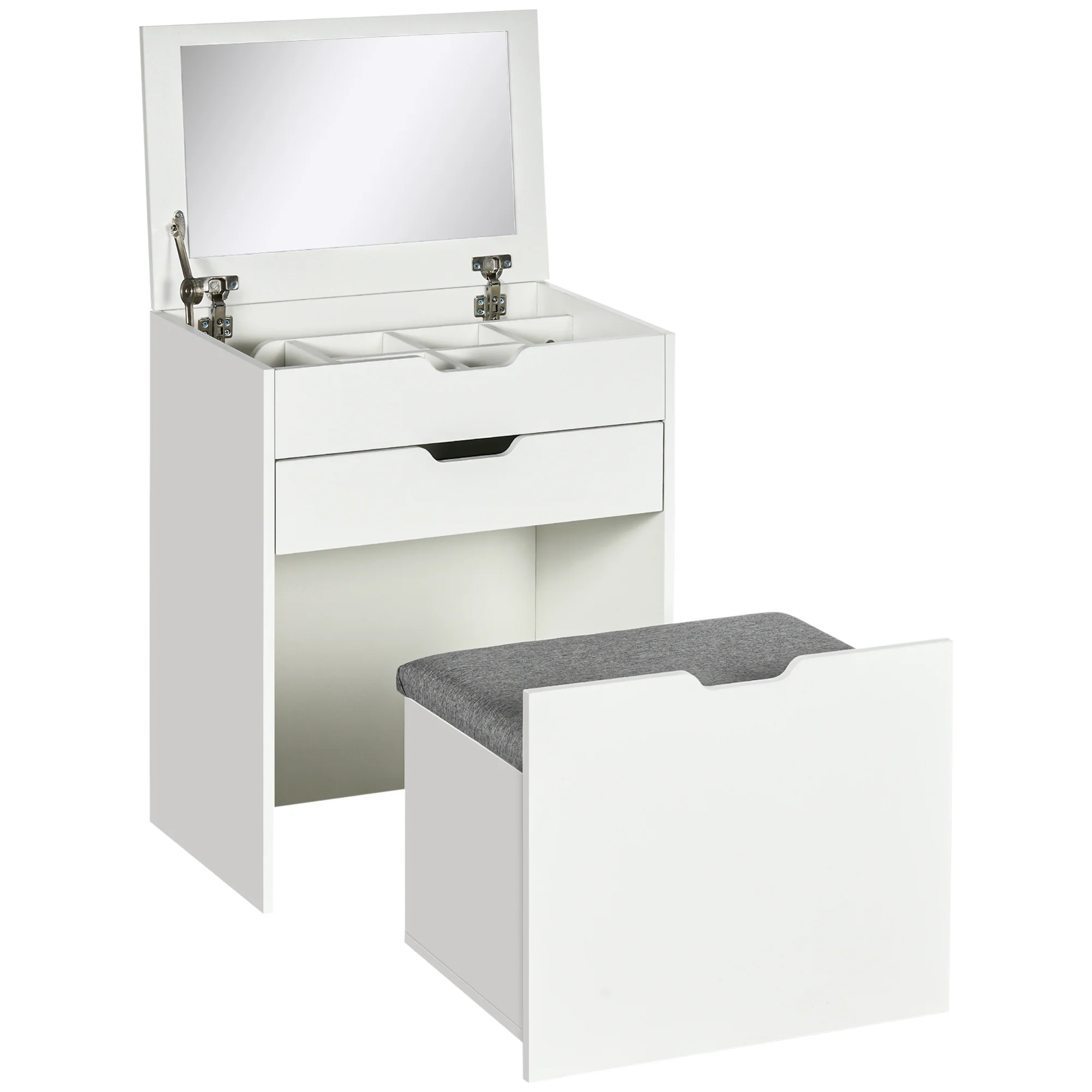 Easycomfort Toeletta da Camera con Specchiera, Cassetto e Sgabello Abbinato in Legno, Bianco