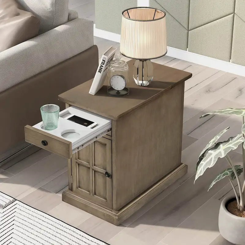 Classic Vintage End Table Side Table with USB Ports and 1 Multifunctional Drawer with Cup Holders
