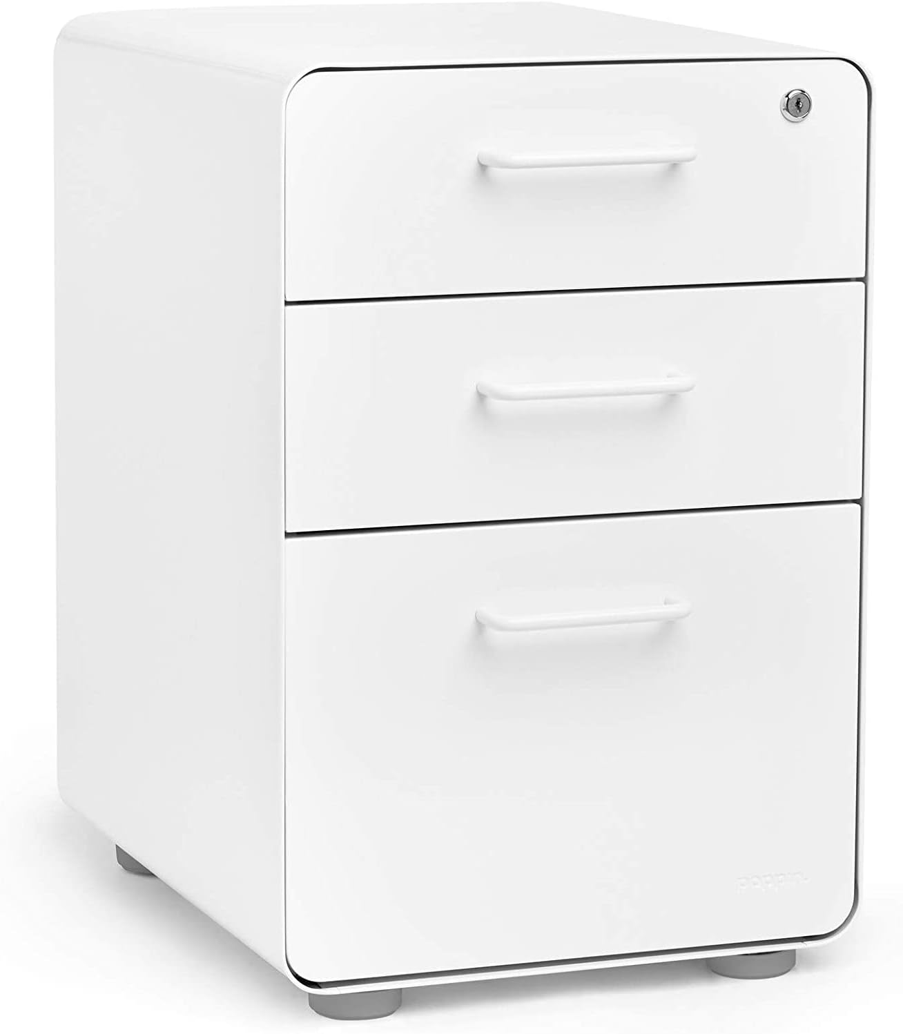 Poppin Stow 3-Drawer File Cabinet - White, 2 Utility Drawers and 1 Hanging File Drawer, Fully Painted Inside and Out, Powder-Coated Steel, Two Keys Included, Stationary