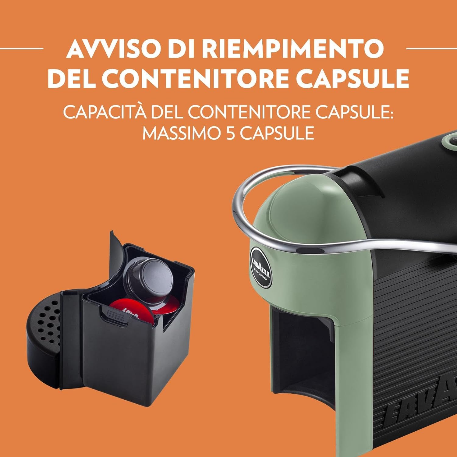 Lavazza A Modo Mio Jolie Evo, Macchina per Caffè Realizzata con 36% di Plastica Riciclata, Macchina Espresso con 64 Capsule Lavazza A Modo Mio Tierra Assortite Incluse, Verde