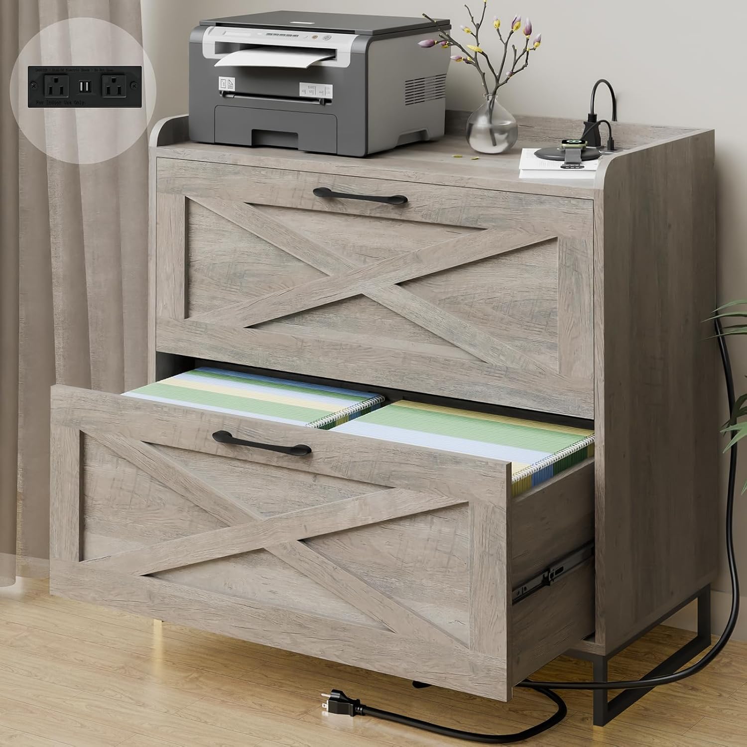 Lateral File Cabinet 2 Drawer File Cabinet with Charging Station for Legal/Letter/A4 Size Hanging Files, Modern Farmhouse Large Wood File Storage Cabinet for Home Office Furniture(Washed Gray)