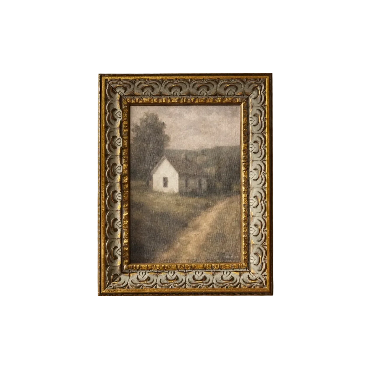 White Farmhouse | Antique Inspired Gold Leaf Crowned Framed Art