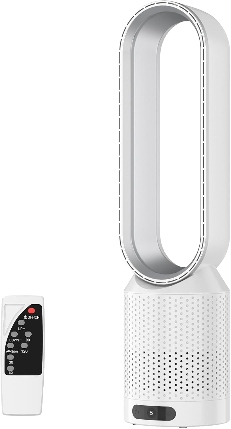Rotorloser Ventilator mit Fernbedienung,2in1 Turmventilator sehr Leise & Luftreiniger mit HEPA, 8 Geschwindigkeiten,90° Oszillation,Timer,Luftkühler, mobiles Klimagerät,für Schlafzimmer Büro (Weiß)