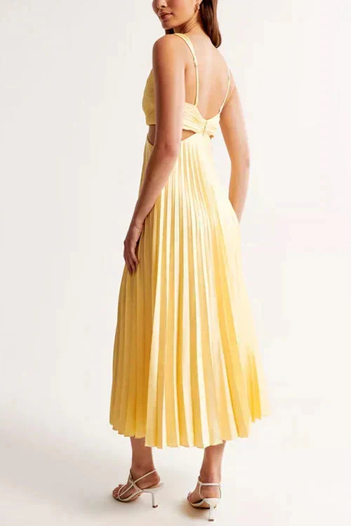 Women��s Pleated Maxi Dress Elegant V-Neck Sleeveless Style