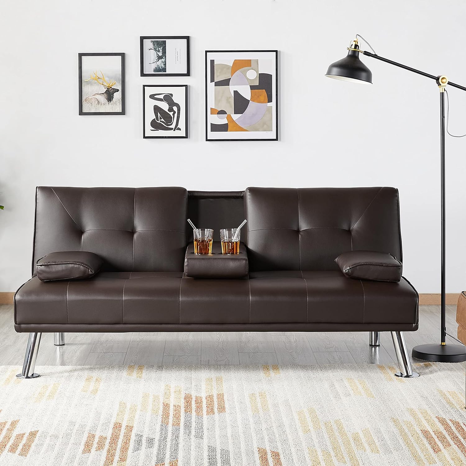 Yaheetech Convertible Sofa Bed Adjustable Couch Sleeper Modern Faux Leather Home Recliner Reversible Loveseat Folding Daybed Guest Bed, Removable Armrests, Cup Holders, 3 Angles, 772lb Capacity, Black