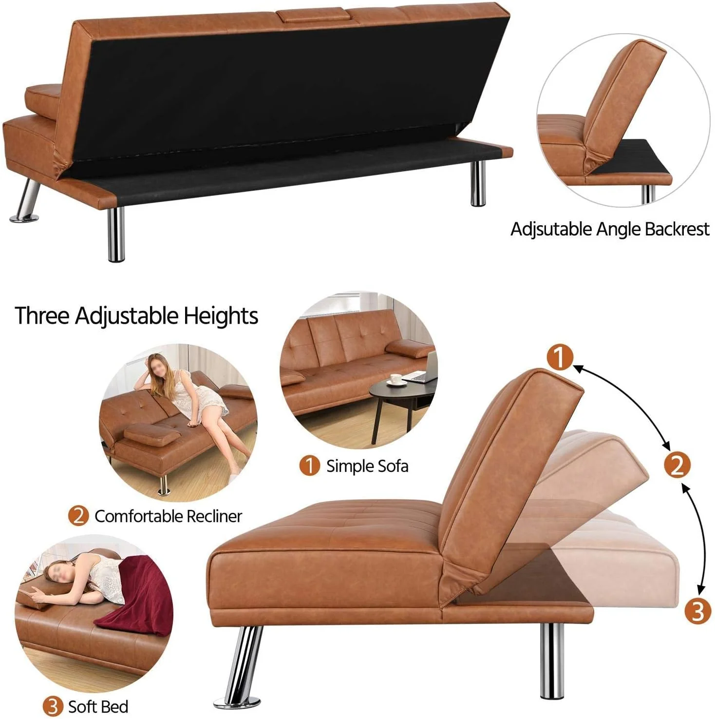 Yaheetech Convertible Sofa Bed Adjustable Couch Sleeper Modern Faux Leather Home Recliner Reversible Loveseat Folding Daybed Guest Bed, Removable Armrests, Cup Holders, 3 Angles, 772lb Capacity, Black