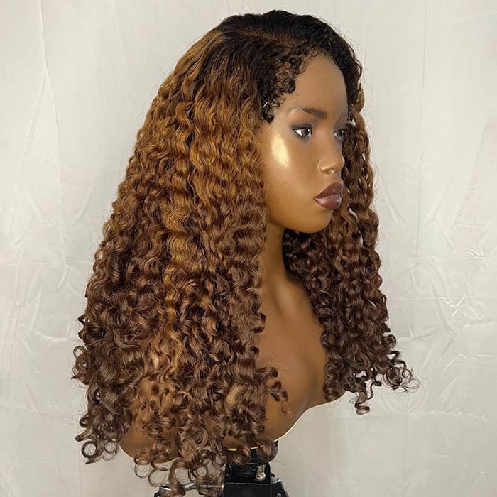 280% Ombre Brown Designed Coily Curl 4C Edges Lace Wig With Dark Roots Realistic And Natural Human Hair Wig For Black Women
