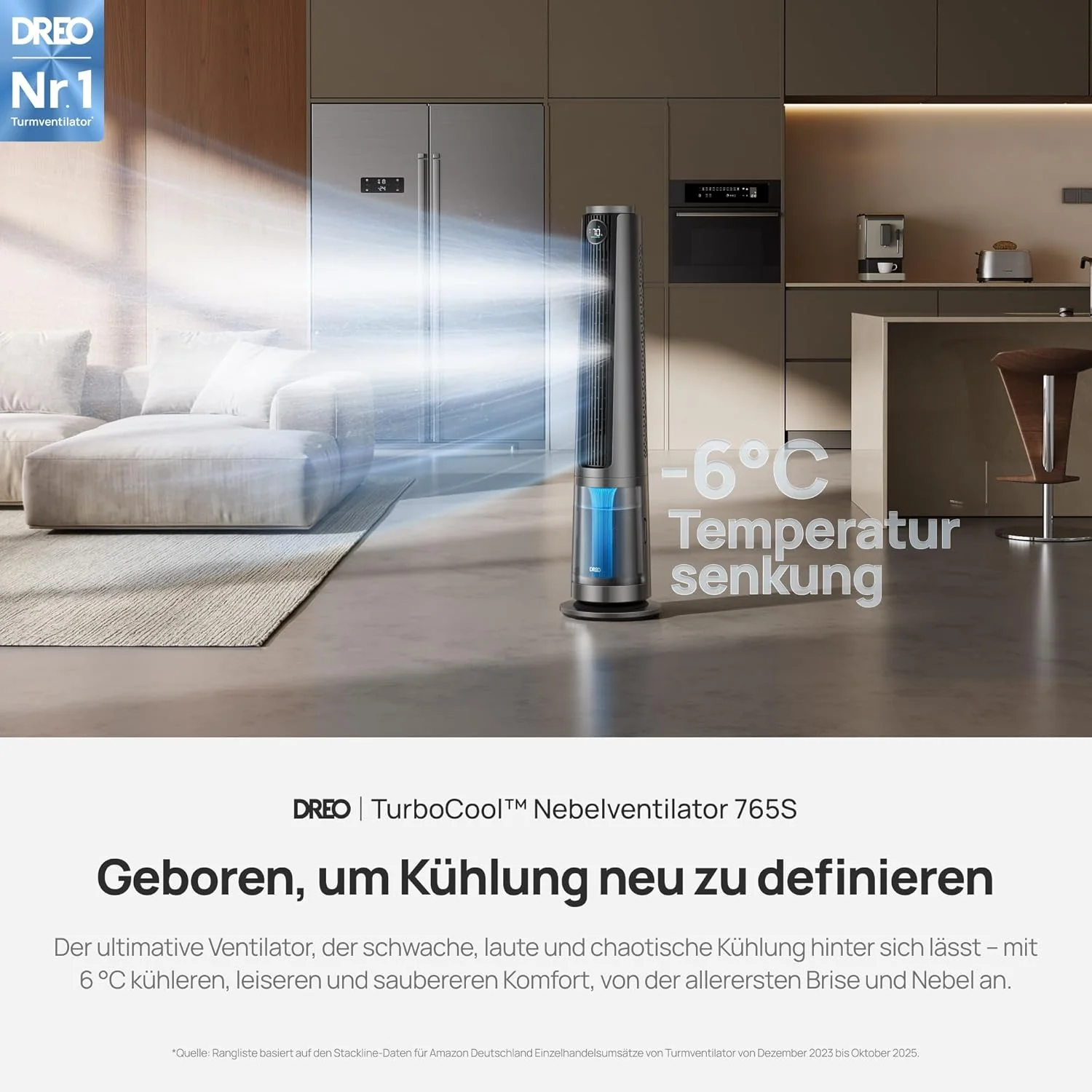 DREO TurboCool 765S párásító ventilátor, 3 az 1-ben toronyventilátor ultrahangos párásítóval, Wi-Fi-vel és alkalmazásvezérléssel, 6 literes tartály, 10,4 m/s légáram, 20 dB-es csendes DC motor, 90°-os oszcilláció, 12 sebességfokozat, 4 üzemmód