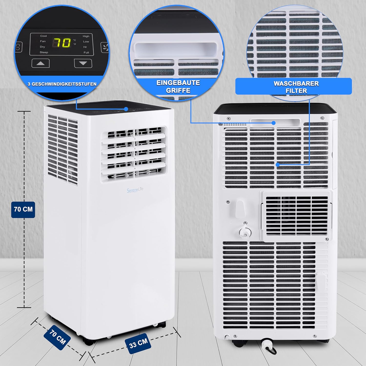 SereneLife 3-in-1 Mobile Klimaanlage mit Abluftschlauch – Klimagerät als Luftkühler, Ventilator & Luftentfeuchter– Mini Klimaanlage für Räume bis zu 28 m2 – Luftkühler für Zuhause & Büro 10,000 BTU