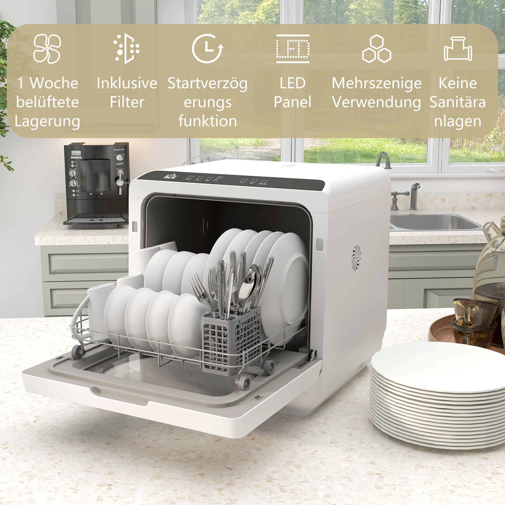 HOMCOM Compacte Tafelvaatwasser, 4 Couverts, Droogmodus, 6L Tank/Kraan, Startuitstel, LED, Wit