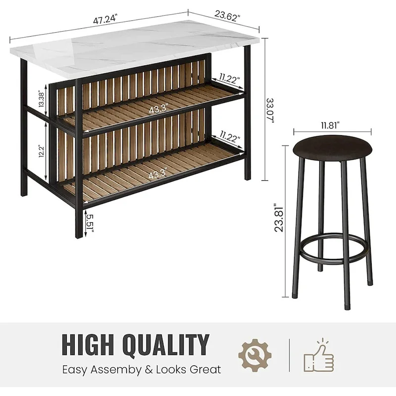 Kitchen Island with 2 Stools and Open Shelves
