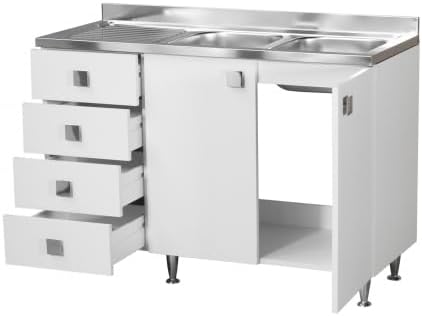 Mobile da Cucina con Lavello in Acciaio Inox 2 Vasche, 2 Ante e 4 Cassetti Bianchi Effetto Legno, Gocciolatoio, 120x50x88 cm (VASCHE A DESTRA)