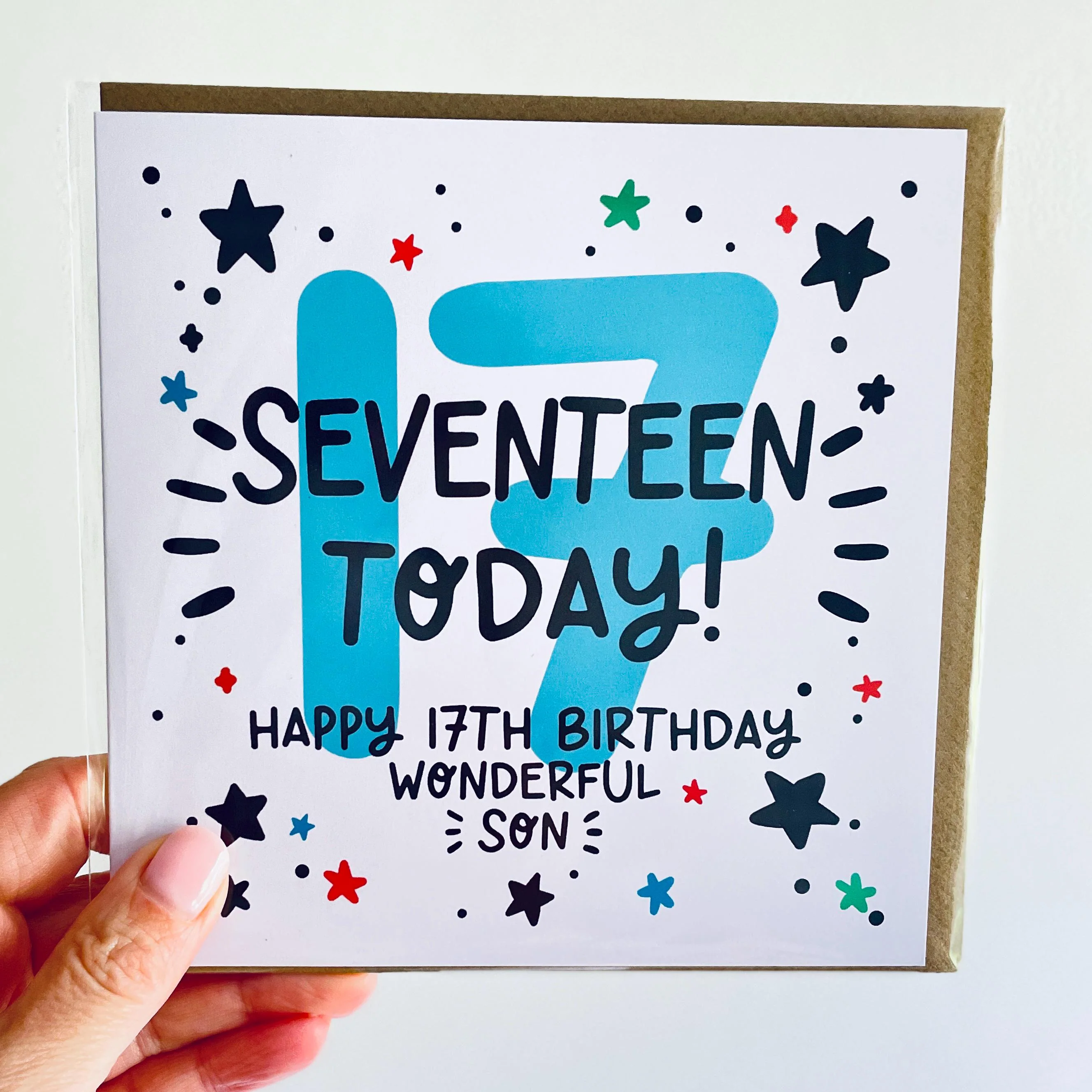 Son 17th Birthday Card; Blue 17, with Kraft Envelope