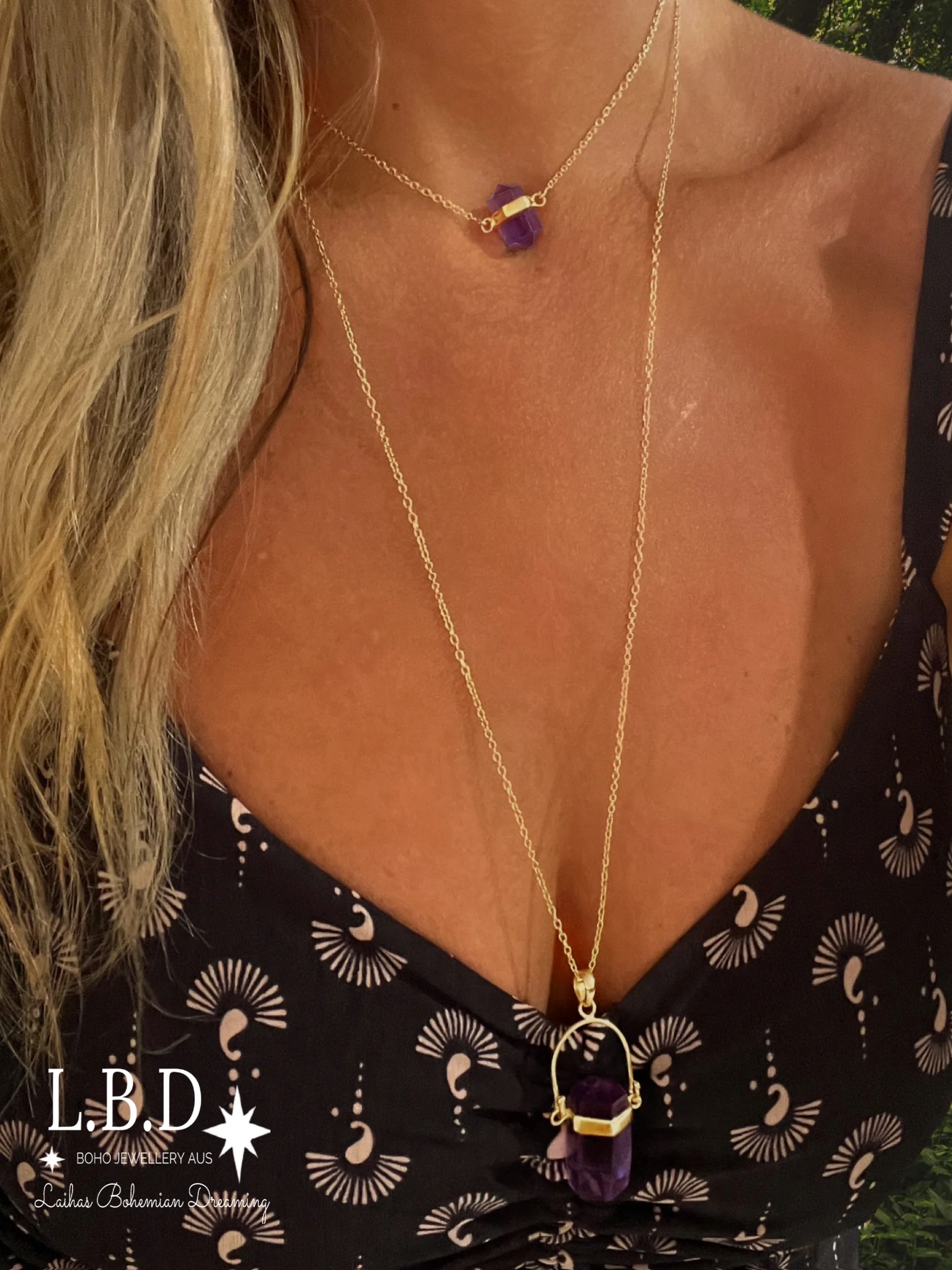 Laihas Large Crystal Kindness Gold Amethyst Necklace- Long Crystal Necklace