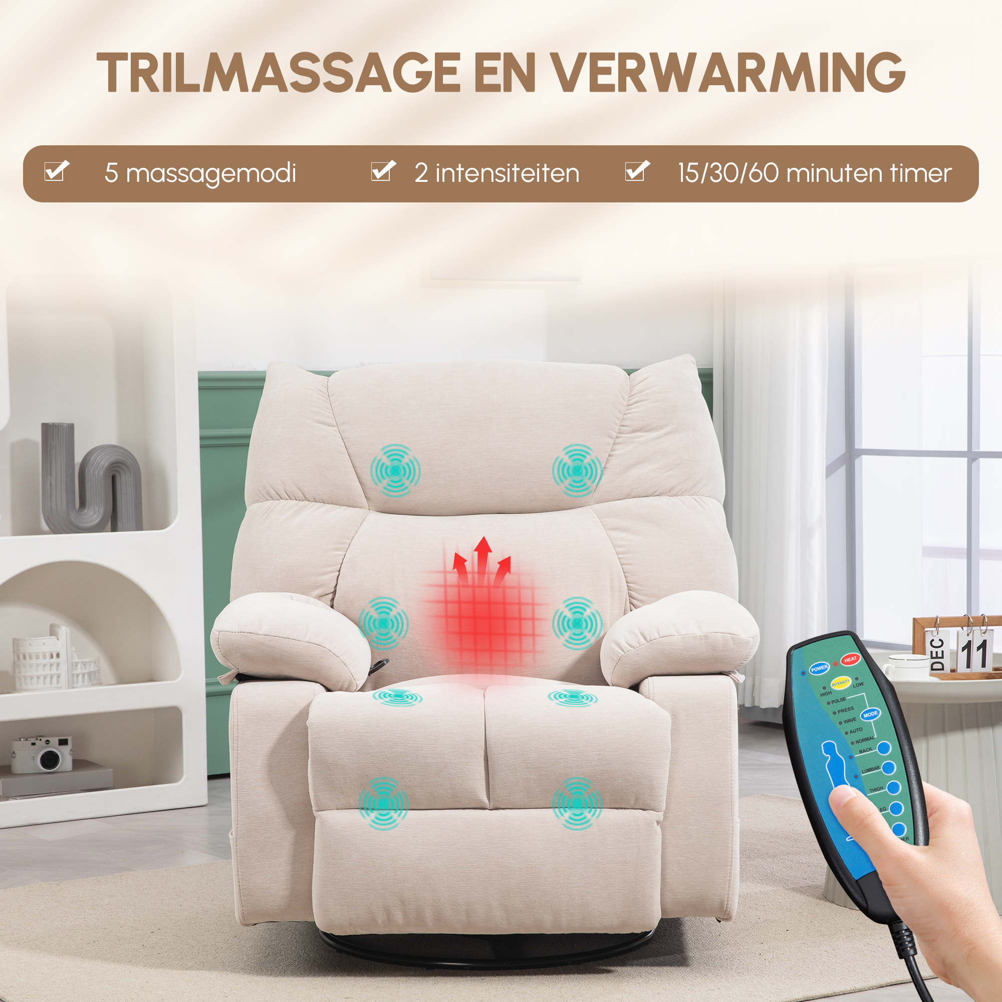 HOMCOM Massagestoel met Verwarmings- & Ligfunctie, Draaibaar, tot 150 kg, Metaal Frame, 98x90x98cm, Beige