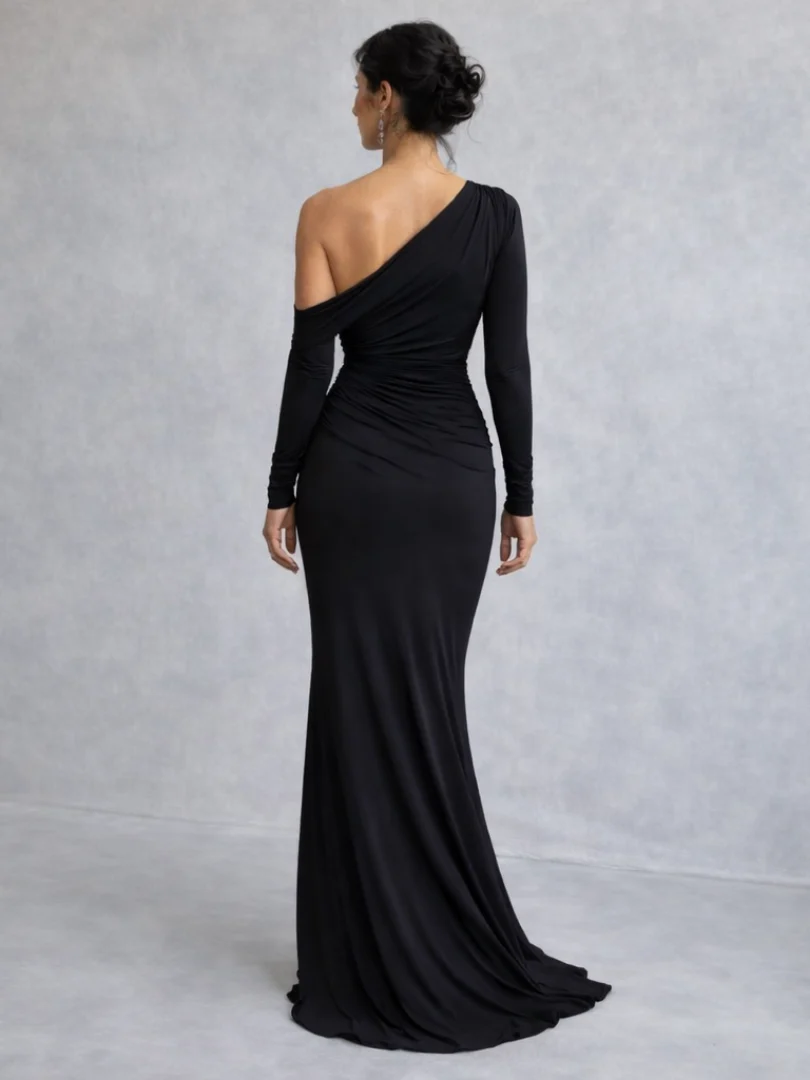 Women��s Elegant One Shoulder Maxi Dress with Ruched Design