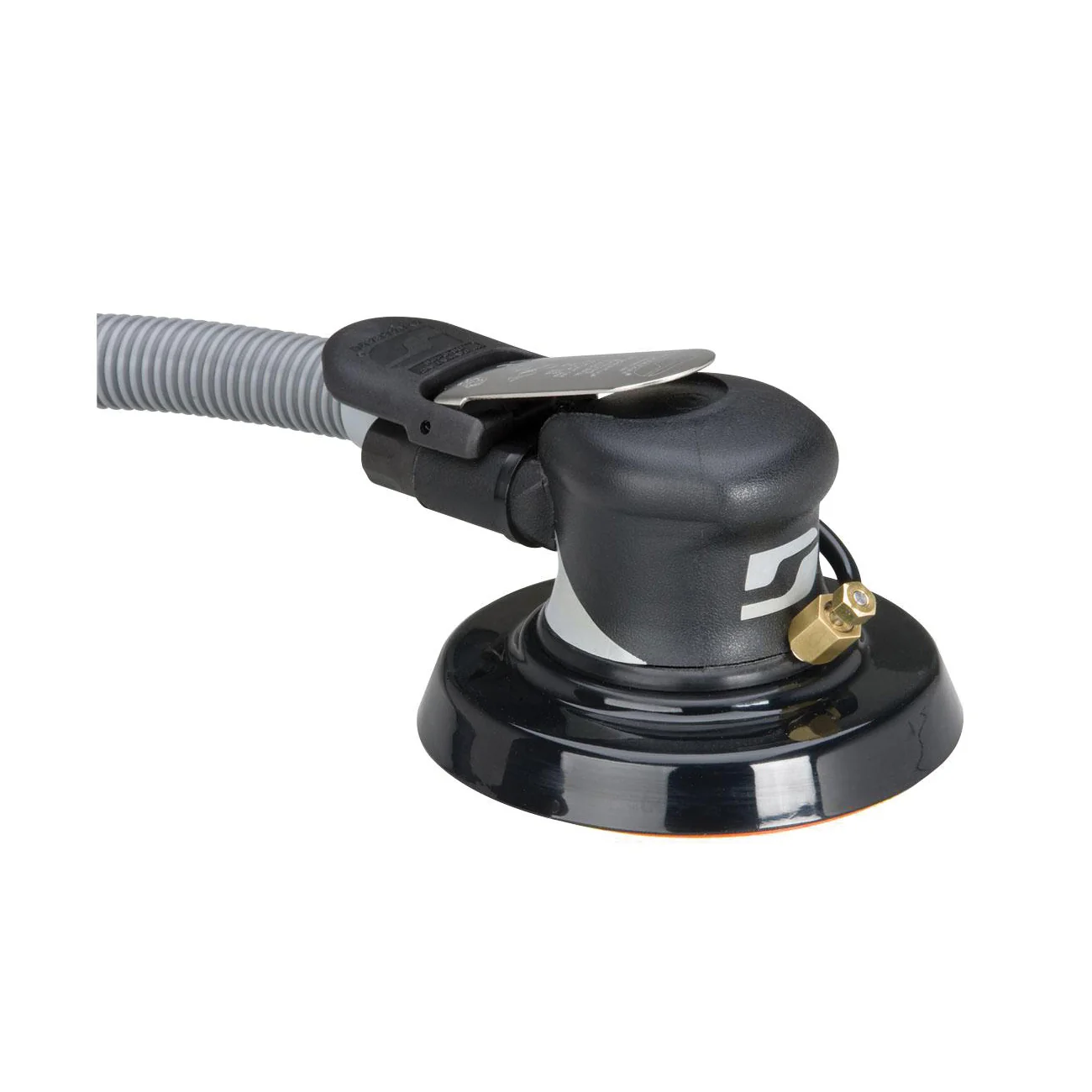 Dynabrade Silver Supreme 57573  ~  5 Inch Diameter Wet Dynorbital Supreme Random Orbital Sander Deluxe .24 Hp 10000 Rpm 3/16 Inch Diameter Orbit Rear Exhaust 5/16 Inch-24 Spindle Thread