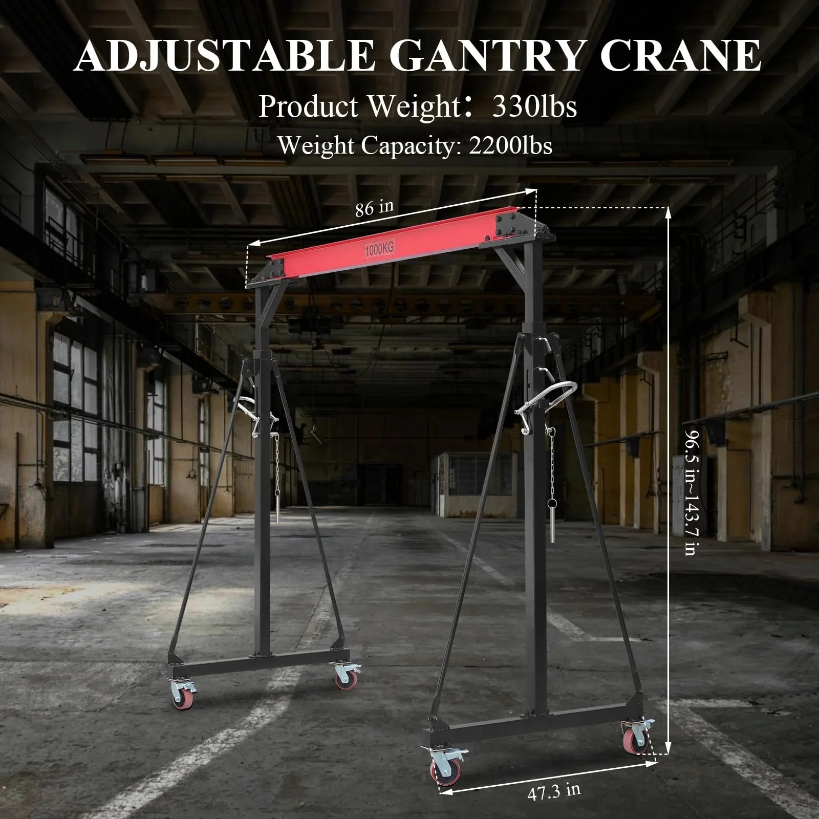 2025 1-ton gantry crane, adjustable, 2200 lbs lifting capacity, height adjustable 96.5