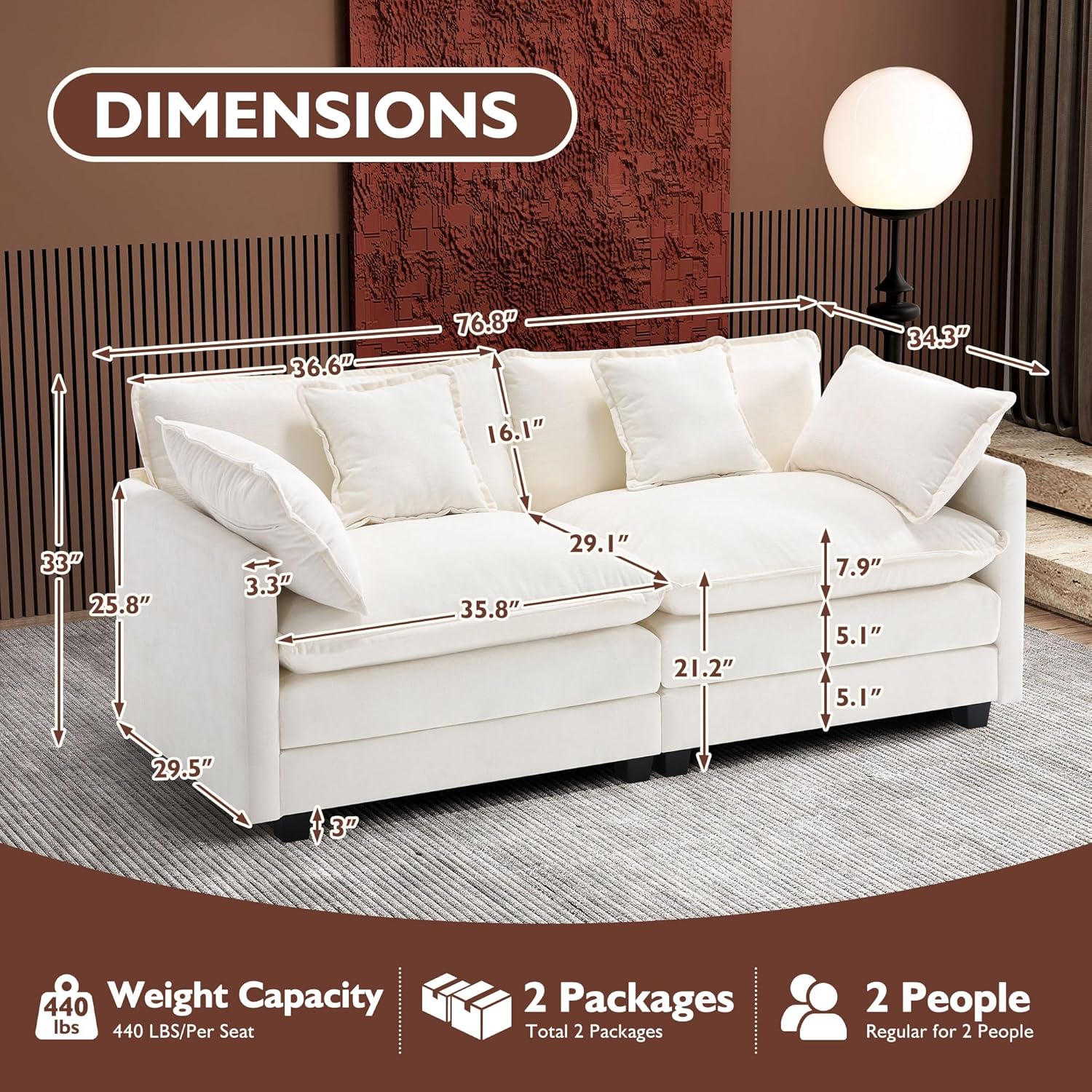 111.4 Inch L-Shaped Modern Sofa Modular Cloud Sofa Ottoman 4-Seater Chenille Deep Seat Sofa