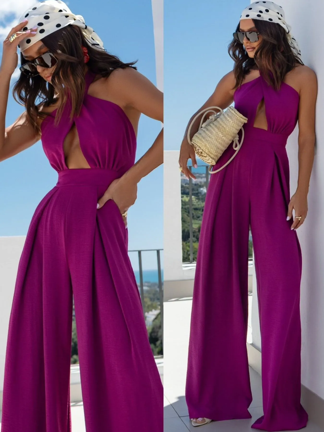 Wide Leg Cutout Halter Neck Jumpsuit