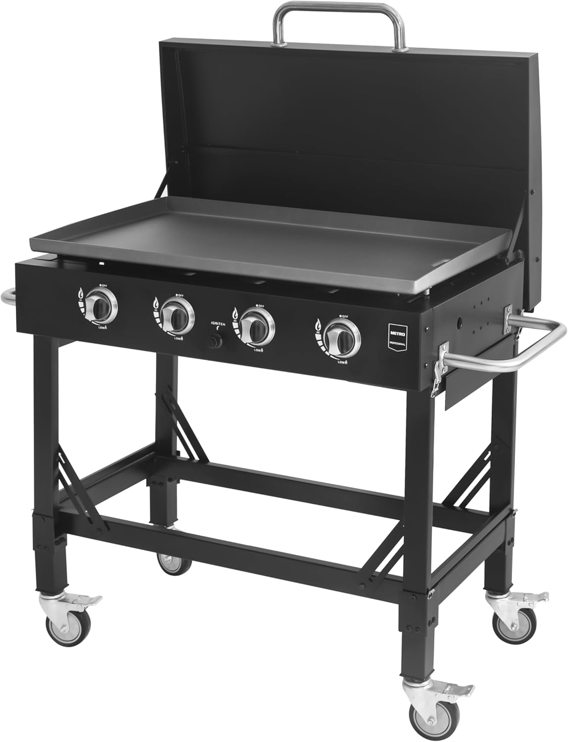 METRO PROFESSIONAL Barbecue a Gas con Piastra Dayton, Acciaio/Acciaio Inox, 4 Bruciatori x 3.7kW, con Ruote, Gambe Pieghevoli, Copertura Protettiva, Nero