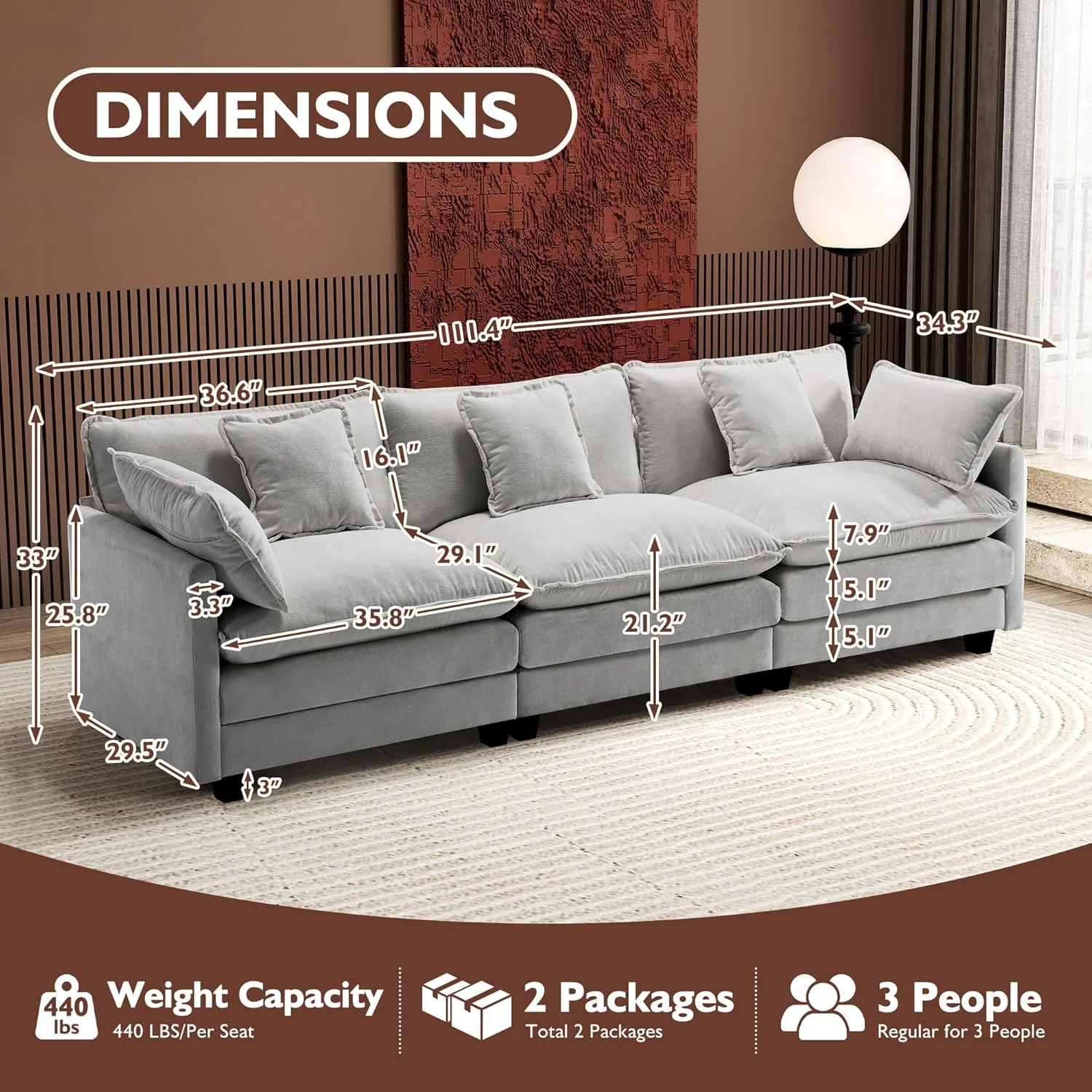 111.4 Inch L-Shaped Modern Sofa Modular Cloud Sofa Ottoman 4-Seater Chenille Deep Seat Sofa
