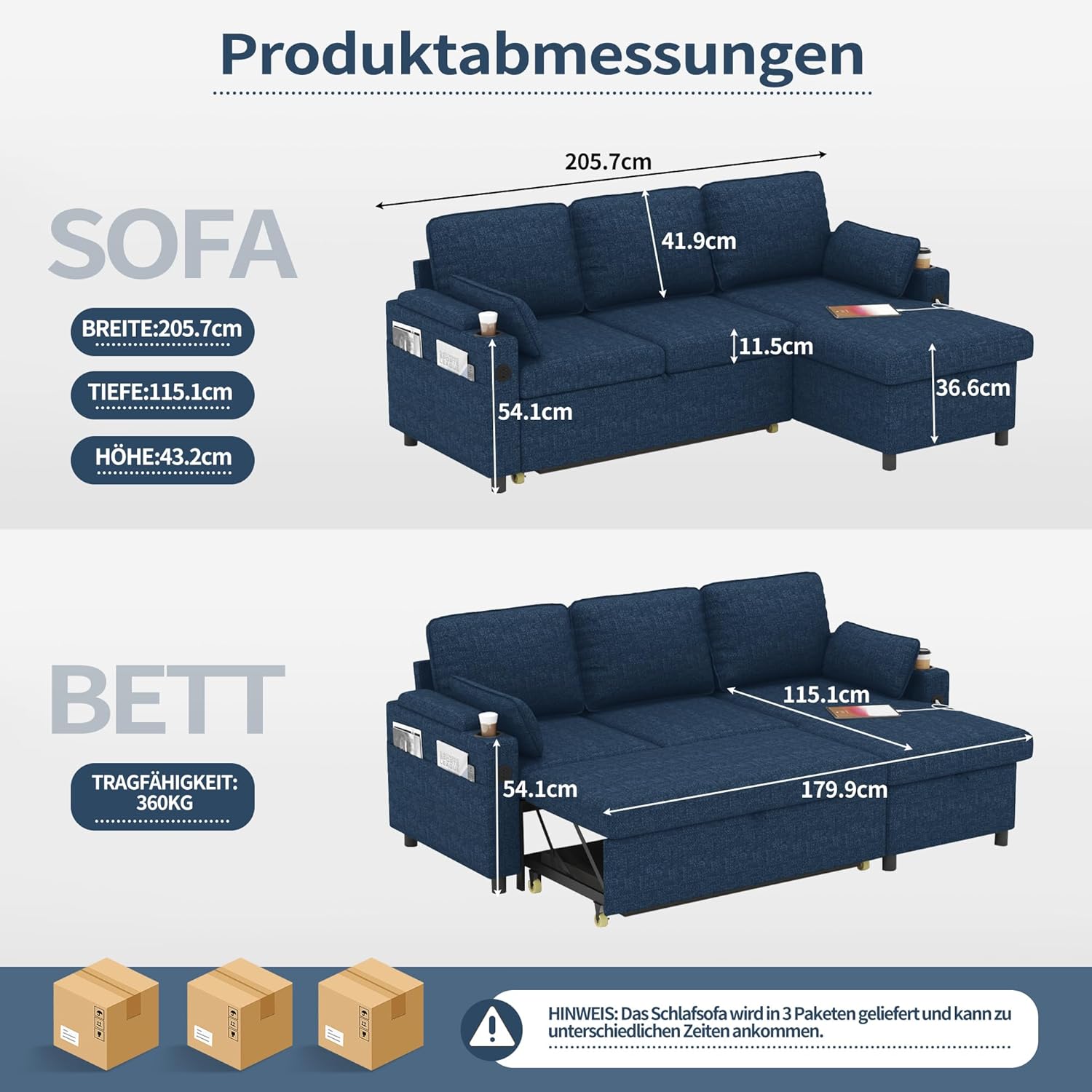 DURASPACE Schlafsofa Ausziehbare Schlafcouch 2-in-1-Wandelbares Ecksofa mit Stauraum, L-förmiges Ecksofa für kleine Räume, Wohnzimmer, Wohnung (Blau)