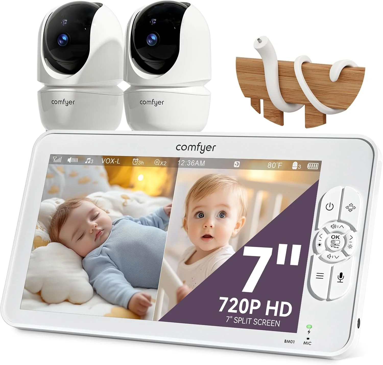 Comfyer Split-Screen Babyphone mit 2 Kameras, 7 HD 720P Video Babyphone ohne WLAN mit Halterung, IR-Nachtsicht Weitwinkelobjektiv Vox-Modus 2-Wege-Audio 960 Fuß Reichweite Videoüberwachungsgeräte