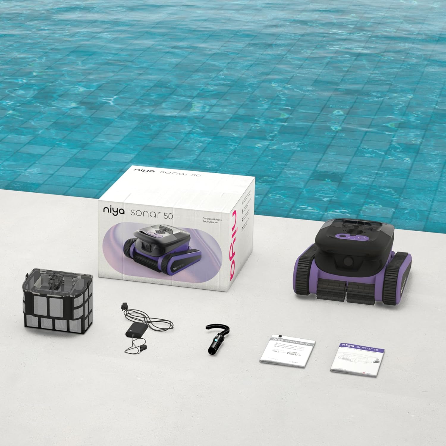 Niya Sonar 50 Robot Aspirateur de Piscine sans Fil par Les Créateurs de Dolphin, Idéal pour Piscines jusqu'à 12 mètres, Nettoyage de la Ligne d'eau