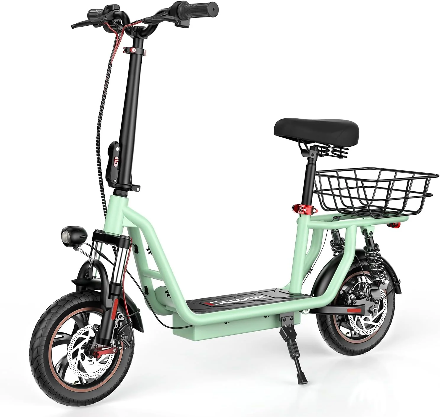 iScooter electric scooter with seat, 37/21 mile range, 28/19/15.6 mph top speed, dual suspension scooter with basket