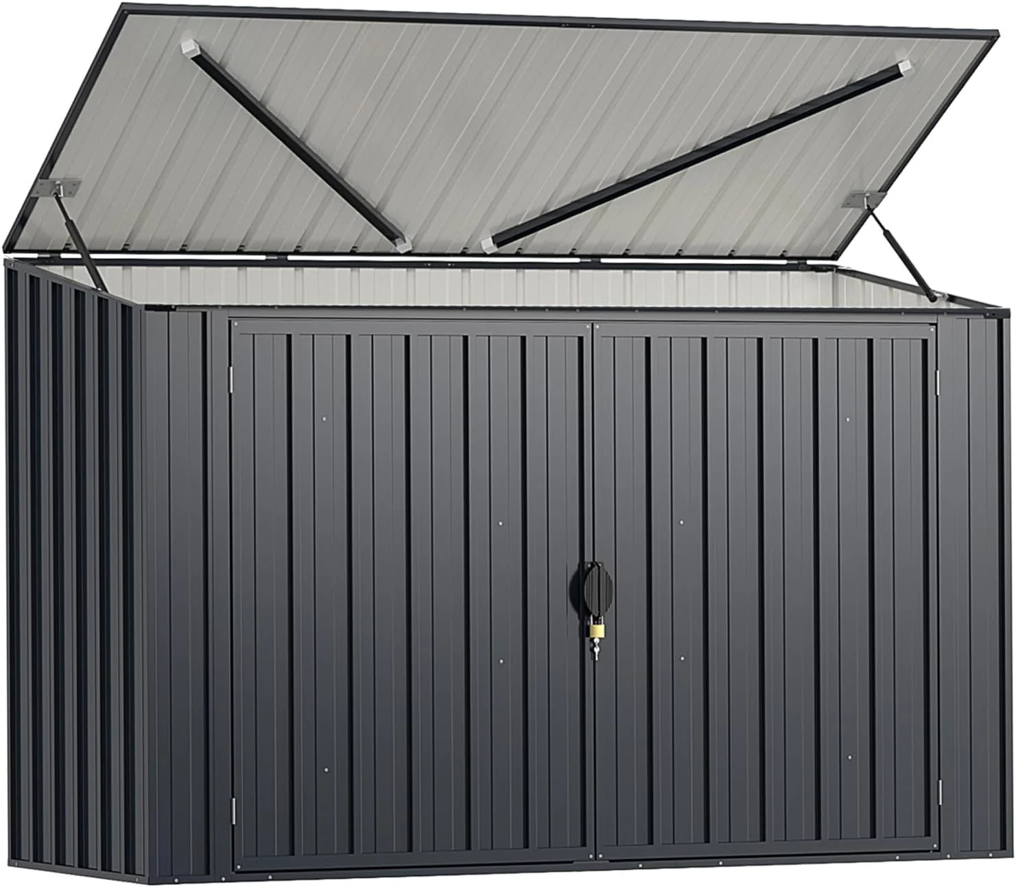 GOPLUS 1,9 m³ Caseta de Jardín de Acero Galvanizado, 193 x 86 x 127 cm, Cobertizo Exterior con Doble Puerta con Cerraduras, Palanca Hidráulica, Casa para Herramientas, Bicicletas, Cubos de Basura