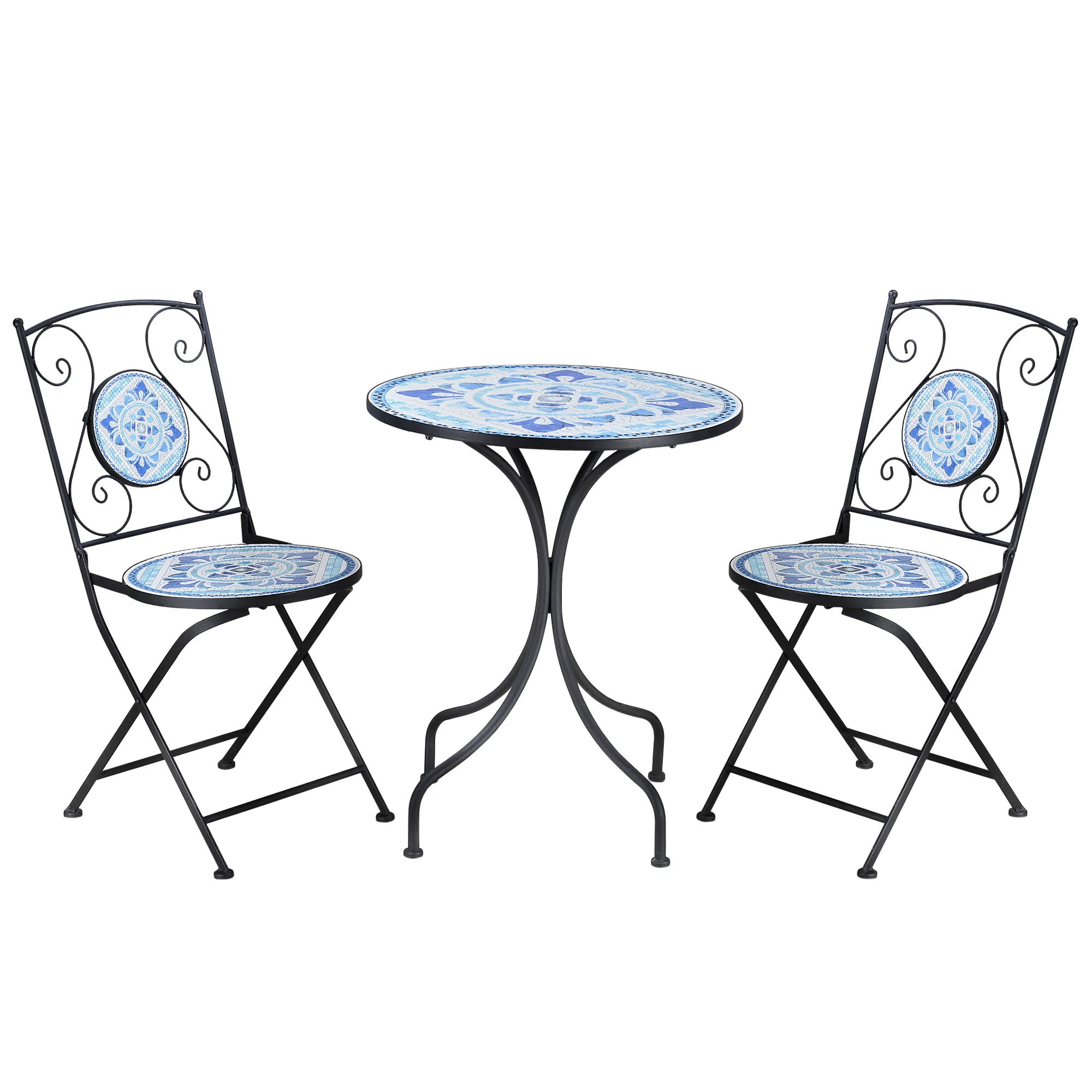 Outsunny Ø 61 cm tuinzitgroep 3-delige bistroset set 1 tafel + 2 klapstoelen voor terrasbalkon staalblauw