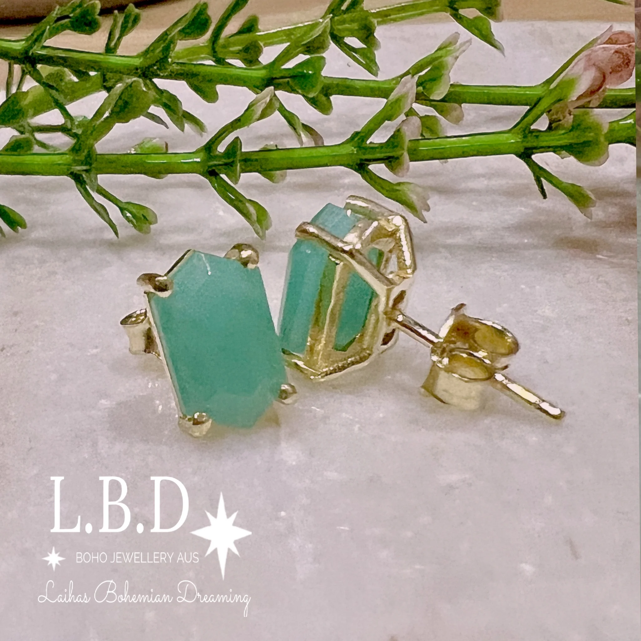 Laihas Hex Crystal Gold Amazonite Stud Earrings